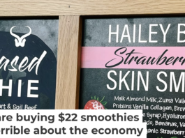 A selection of smoothies are listed in front of the high-end grocer Erewhon in Culver City, Calif., on July 17, 2024. Photo by Dania Maxwell/Los Angeles Times via Getty Images